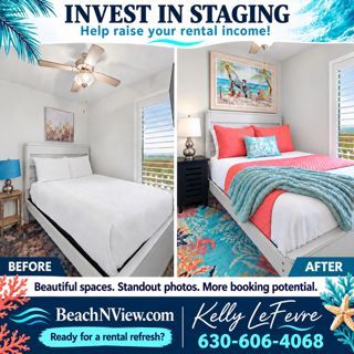Before-and-after bedroom staging collage: left shows a plain white bed; right shows a styled turquoise-red guest room with colorful rug, pillows, and coordinated decor, promoting home staging services (Invest in Staging) with BeNView branding and contact info.