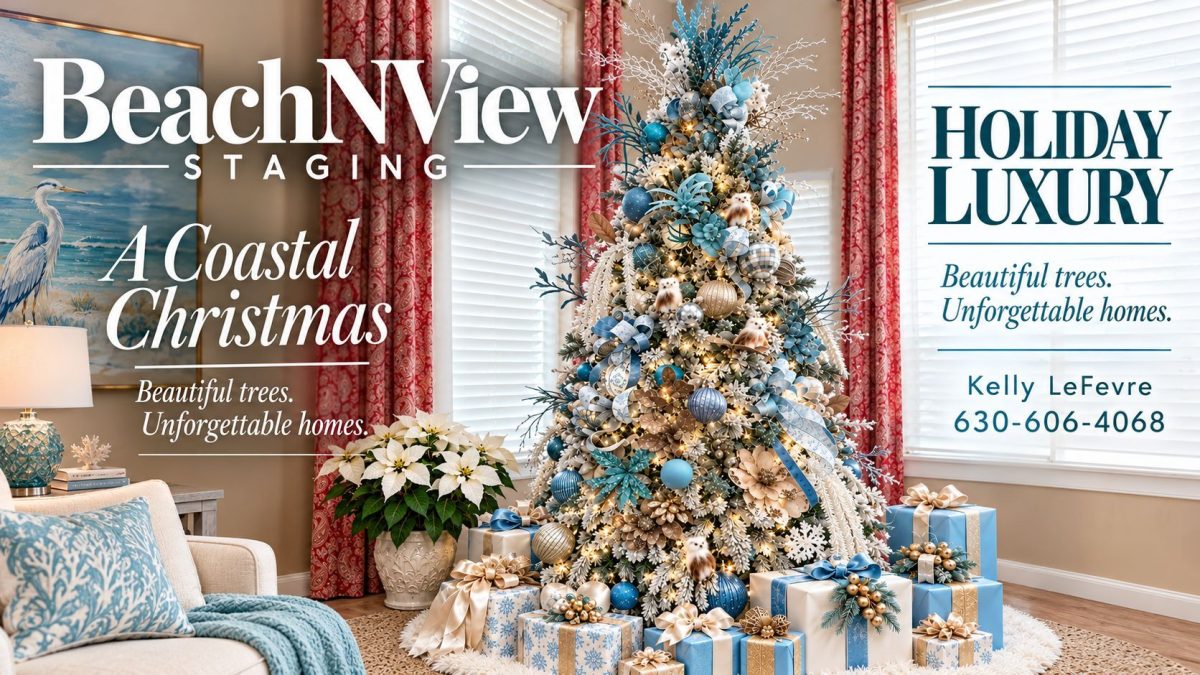 Tall blue-and-gold Christmas tree in a cozy living room with wrapped gifts underneath; holiday staging ad text overlays.