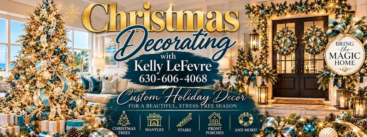 Luxurious holiday entryway with gold and teal decor, a large Christmas tree, garlands, and a banner for Christmas Decorating with Kelly LeFevre.