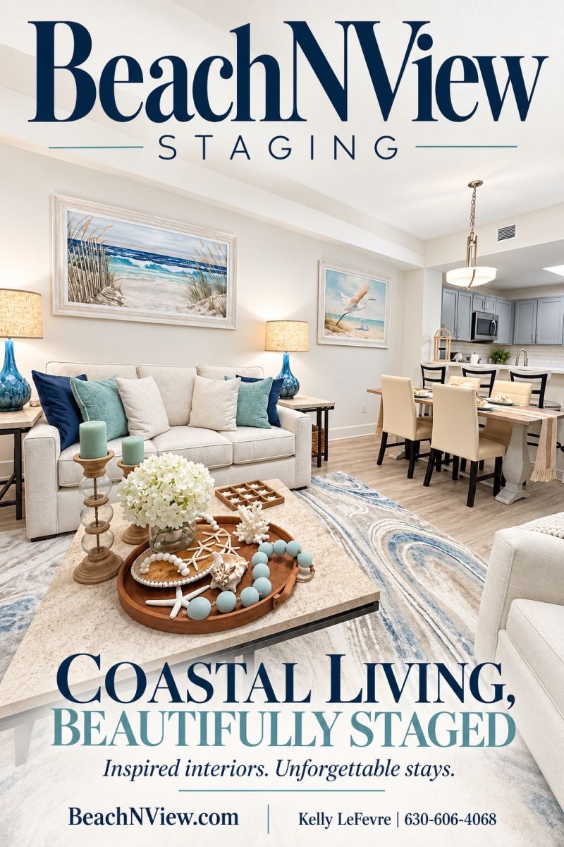 Coastal living room with beige sofa, blue-green pillows, coastal decor, and an open kitchen in the background