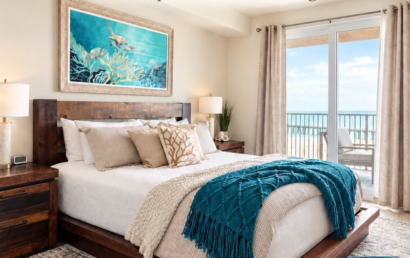 Promotional image for BeachNView staging: a coastal bedroom with a large wooden bed, teal throw, and ocean-view balcony; includes a smaller inset showing the 'Before' version of the room.