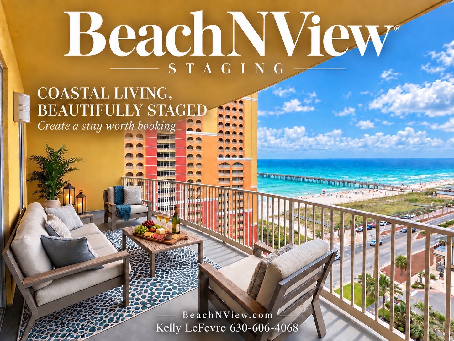 Balcony lounge overlooking a blue ocean and beach, part of an ad for BeachNView coastal living staging.