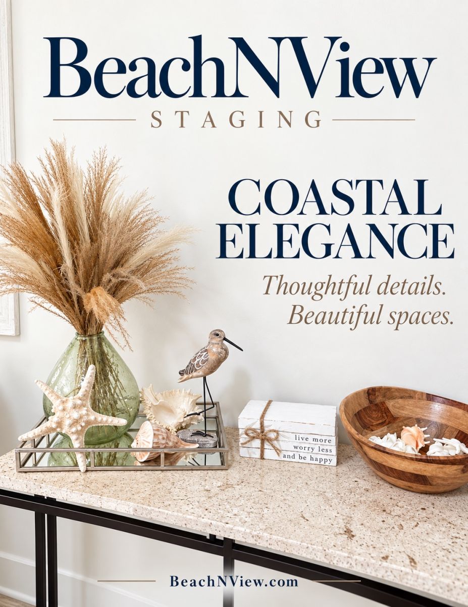 Coastal-themed table decor with dried grasses, starfish, shells, and a bird figurine on a speckled counter beside a wooden bowl and signboardued wall text Coastal Elegance.